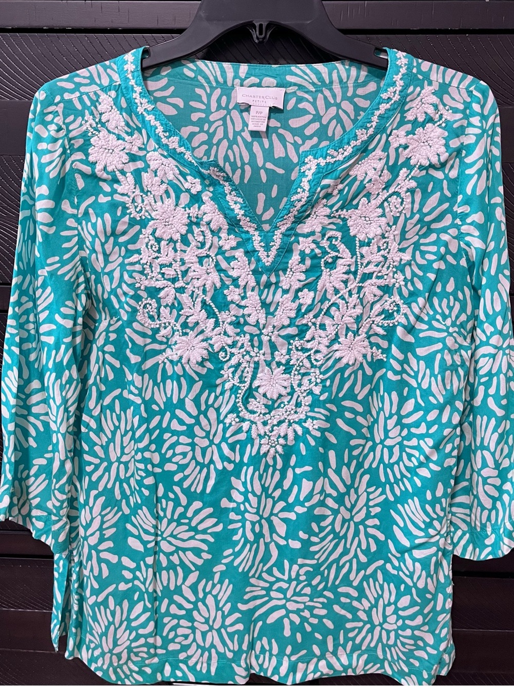 Charter Club Teal Embroidered V-Neck Women's Top